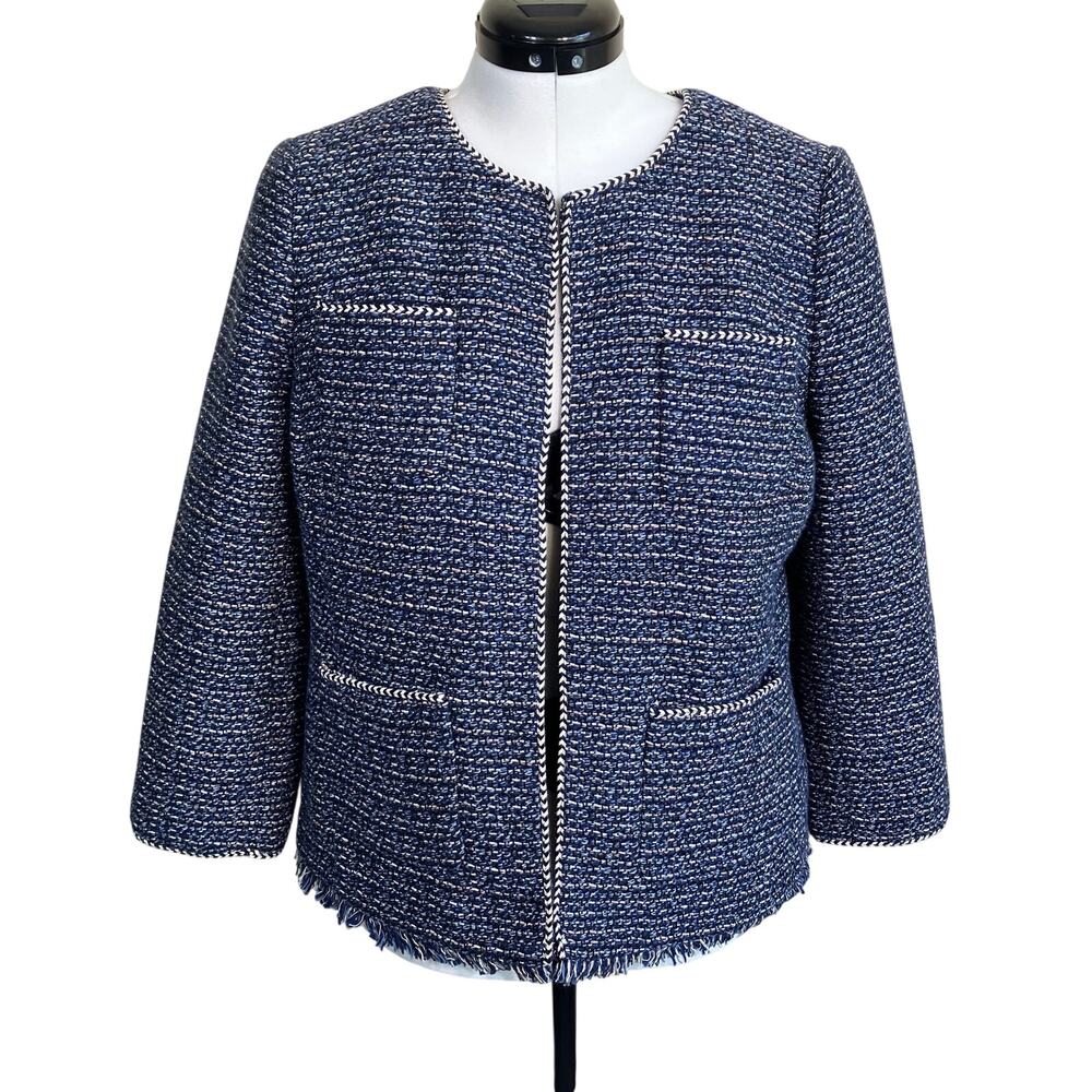 Talbots Sz 12 Airy Tweed Woven Jacket Open Front Fringe Trim Navy Classic - Picture 7 of 16